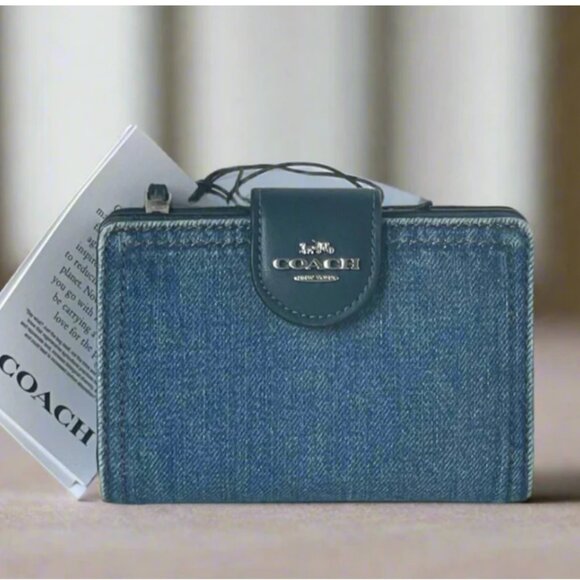 Coach Medium Corner Zip Wallet CA096 Signature Denim Cotton Compact ID - Picture 1 of 10